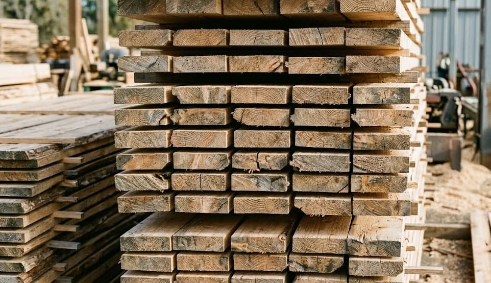 Stacked reclaimed lumber boards close-up