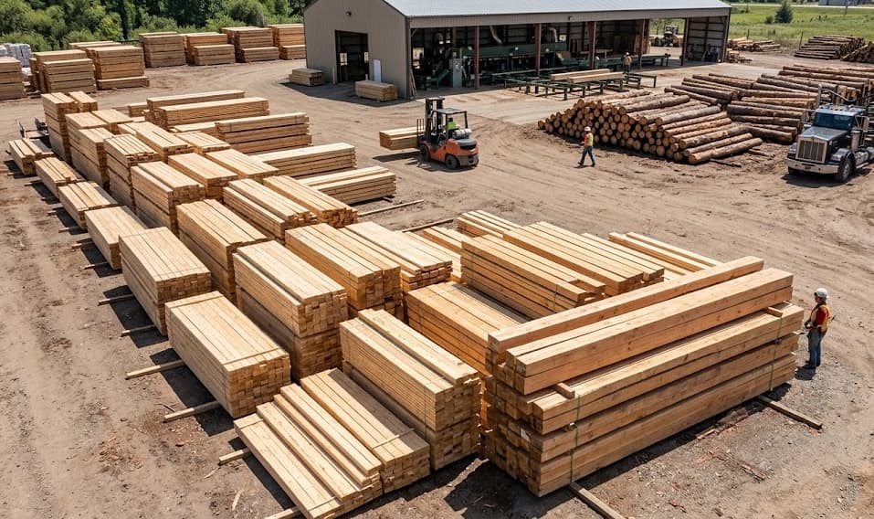 Aerial view of lumber yard with organized stacks